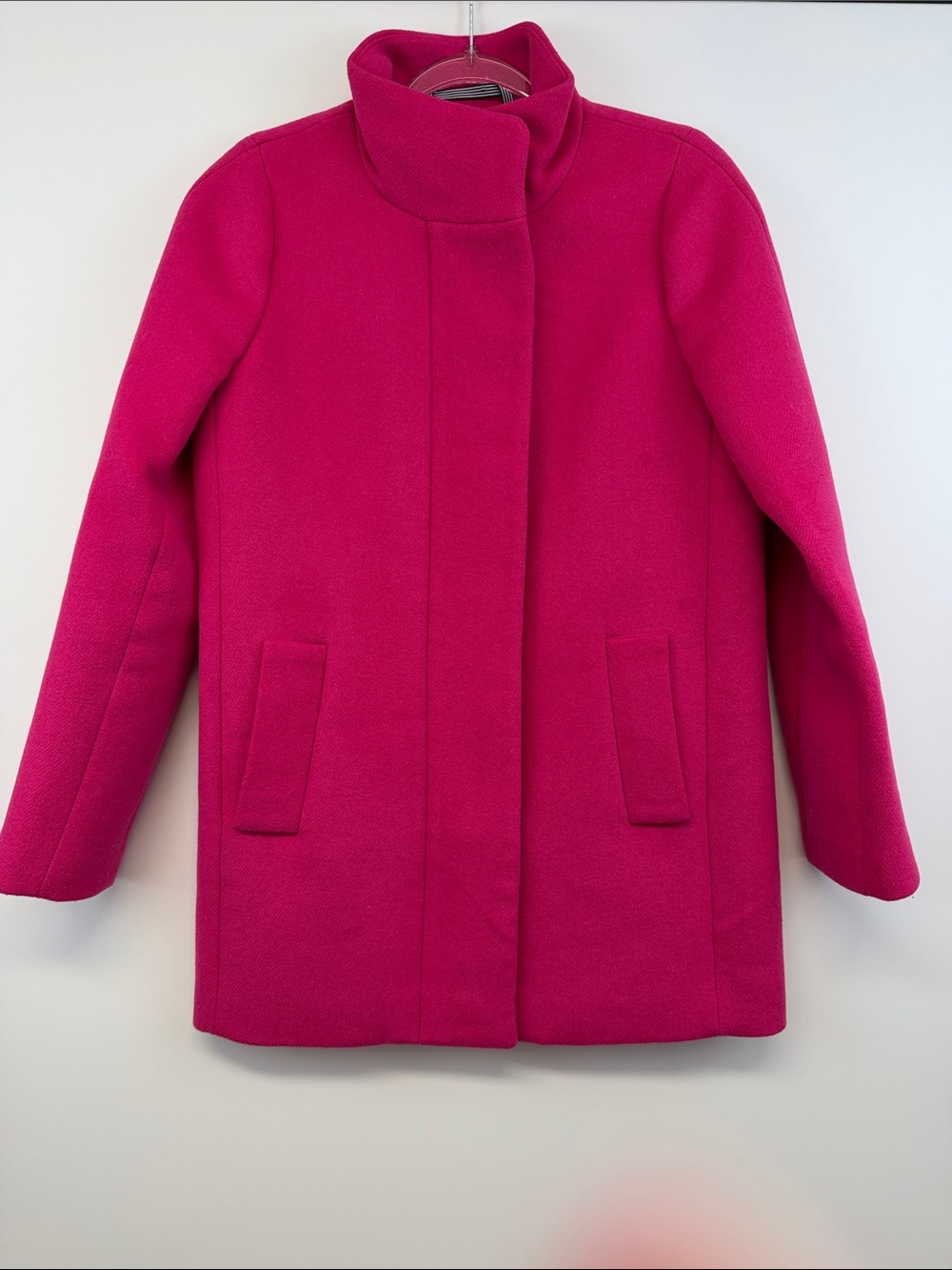 J.Crew City Coat Fuchsia Pink Wool Blend Stand Collar Hidden Button Women’s 2 - Picture 2 of 9